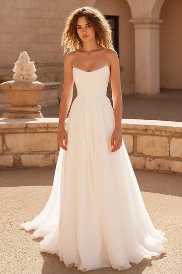 Ivory Simple A Line Strapless Court Train Wedding Dress